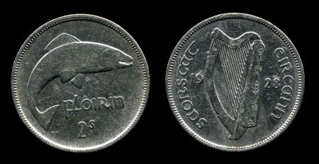 Ирландия 1928 г. • KM# 7 • 1 флорин • лосось • серебро • регулярный выпуск(первый год) • VF