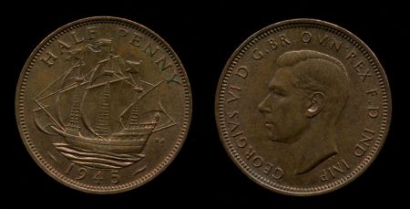 Великобритания 1945 г. • KM# 844 • пол пенни • Георг VI • регулярный выпуск • MS BU красн.