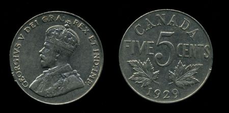 Канада 1929 г. • KM# 29 • 5 центов • Георг V • регулярный выпуск • XF+