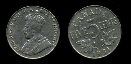 Канада 1931 г. • KM# 29 • 5 центов • Георг V • регулярный выпуск • XF+
