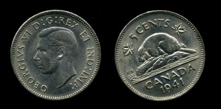 Канада 1941 г. • KM# 33 • 5 центов • Георг VI • бобер • MS BU ( кат. - $25+ )