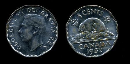 Канада 1952 г. • KM# 42a • 5 центов • Георг VI • бобер • BU ( кат. - $8 )