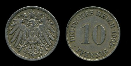 Германия 1903 г. J (Гамбург) • KM# 12 • 10 пфеннигов • регулярный выпуск • XF- ( кат. - $45- )
