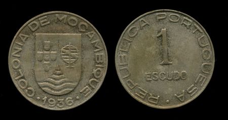 Мозамбик 1936 г. • KM# 66 • 1 эскудо • герб Португалии • регулярный выпуск • UNC- ( кат. - $100 )