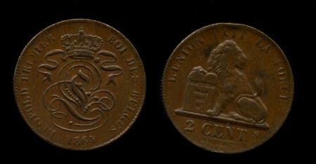 Бельгия 1864 г. • KM# 4.2 • 2 сантима • Бельгийский лев • регулярный выпуск • VF