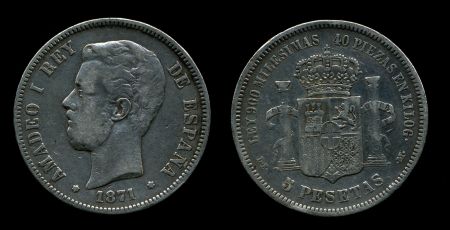 Испания 1871(75) г. M (Мадрид) DE • KM# 666 • 5 песет • король Амадей I • герб королевства • регулярный выпуск • XF- ( кат.- $150,00 )