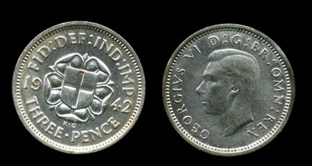 Великобритания 1942 г. • KM# 848 • 3 пенса • Георг VI • регулярный выпуск • AU+ ( кат. - $40 )