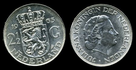 Нидерланды 1963 г. • KM# 185 • 2 ½ гульдена • королева Юлиана • регулярный выпуск • MS BU • серебро