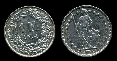 Швейцария 1914 г. B (Берн) • KM# 24 • 1 франк • серебро • регулярный выпуск • XF