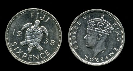 Фиджи 1938 г. • KM# 11 • 6 пенсов • Георг VI • черепаха • серебро • регулярный выпуск • XF-AU