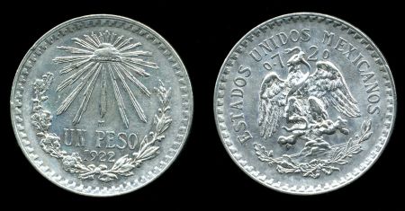 Мексика 1922 г. • KM# 455 • 1 песо • герб Республики • регулярный выпуск • AU