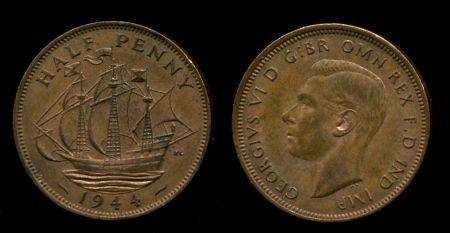 Великобритания 1944 г. • KM# 844 • пол пенни • Георг VI • регулярный выпуск • MS BU ( кат. - $10 )