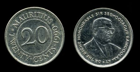 Маврикий 1987-2010 гг. • KM# 53 • 20 центов • Сэр Сивусагур Рамгулам • регулярный выпуск • +/- XF