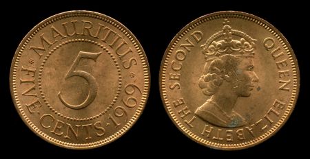 Маврикий 1969 г. • KM# 34 • 5 центов • Елизавета II • герб колонии • регулярный выпуск • MS BU