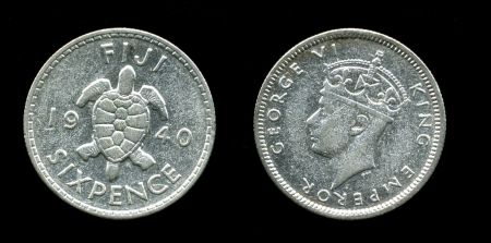 Фиджи 1940 г. • KM# 11 • 6 пенсов • Георг VI • черепаха • серебро • регулярный выпуск • VF