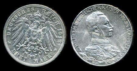 Пруссия 1913 г. A • KM# 535 • 3 марки • Вильгельм II • серебро • AU+ ( кат. - $45 )