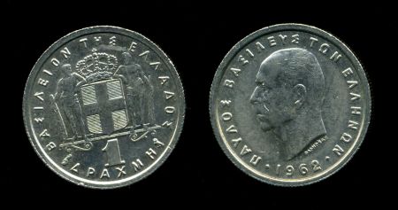 Греция 1962 г. • KM# 81 • 1 драхма • король Павел I • регулярный выпуск • MS BU Люкс! ( кат. - $15 )