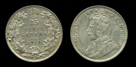 Канада 1919 г. • KM# 24 • 25 центов • Георг V • серебро • (последний год чеканки) • XF+ ( кат. - $35+ )