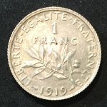 Франция 1919 г. • KM# 844.1 • 1 франк • "Марианна"-сеятельница • серебро • регулярный выпуск • MS BU Люкс!