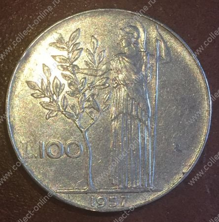 Италия 1957 г. R (Рим) • KM# 96.1 • 100 лир • Церере с оливковым деревом • регулярный выпуск • XF