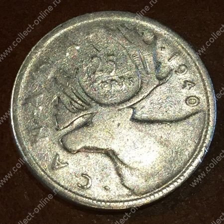 Канада 1940 г. • KM# 35 • 25 центов • Георг VI • олень • серебро • регулярный выпуск • F-VF