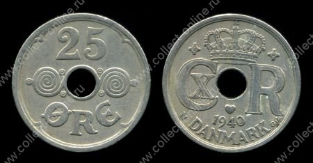 Дания 1940 г. KM# 823.2 • 25 эре • королевская монограмма с короной • регулярный выпуск(первый год) • XF+