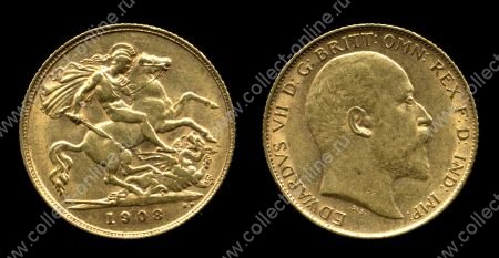 Великобритания 1908 г. • KM# 805 • соверен • золото • Эдуард VII • св. Георгий • регулярный выпуск • BU