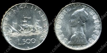 Италия 1959 г. • KM# 98 • 500 лир • Флотилия Колумба (серебро) • регулярный выпуск • MS BU