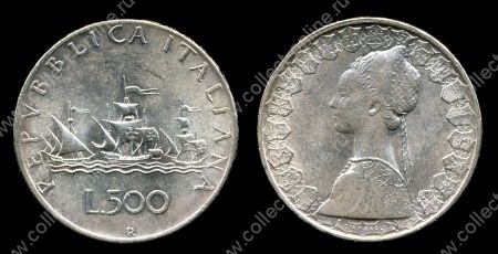 Италия 1958 г. • KM# 98 • 500 лир • Флотилия Колумба (серебро) • регулярный выпуск • BU