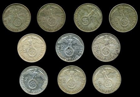 Германия • 3-й рейх 1937-1939 гг. • KM# 93 • 2 рейхсмарки • (серебро) • президент Гинденбург • лот 10 монет • регулярный выпуск • XF-BU