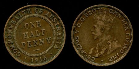 Австралия 1916 г. • KM# 22 • ½ пенни • Георг V • регулярный выпуск • XF ( кат.- $16 )