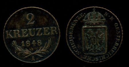Австрия 1848 г. A(Вена) • KM# 2188 • 2 крейцера • герб империи • регулярный выпуск • XF+