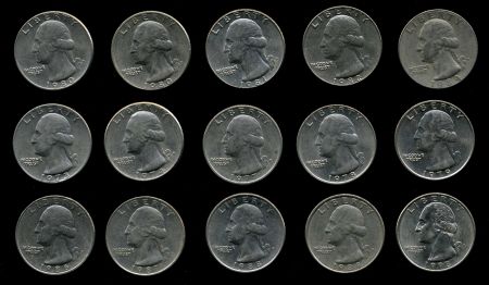 США 1980..1988 гг. • KM# 164a • квотер (25 центов) • Джордж Вашингтон • 15 монет(разные года-дворы ) • регулярный выпуск • XF-BU