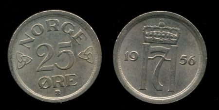 Норвегия 1956 г. • KM# 401 • 25 эре • регулярный выпуск • BU ( кат. - $30 )