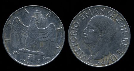 Италия 1940 г. XVIII • KM# 77b • 1 лира • Виктор Эммануил III • регулярный выпуск • MS BU