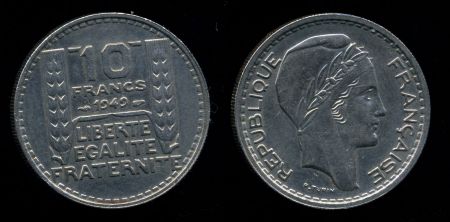 Франция 1949 г. • KM# 909.1 • 10 франков • (малая голова) • регулярный выпуск • MS BU