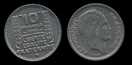 Франция 1948 г. B • KM# 909.2 • 10 франков • (большая голова) • регулярный выпуск • MS BU