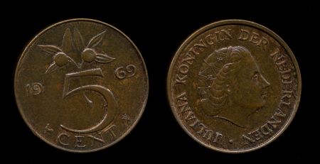 Нидерланды 1969 г. петух • KM# 181 • 5 центов • королева Юлиана • регулярный выпуск • MS BU • красн. бронза ( кат.- $15,00 )