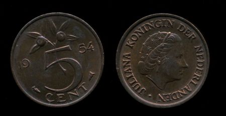 Нидерланды 1954 г. • KM# 181 • 5 центов • королева Вильгельмина • регулярный выпуск • MS red! ( кат.- $15+ )