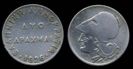 Греция 1926 г. • KM# 70 • 2 драхмы • богиня Афина • регулярный выпуск • VF