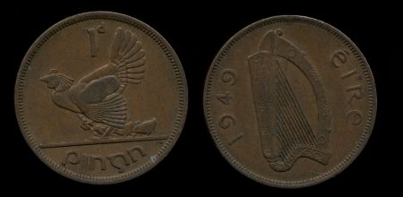 Ирландия 1949 г. • KM# 11 • 1 пенни • арфа • курица • регулярный выпуск • UNC- ( кат. - $10 )