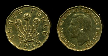 Великобритания 1949 г. • KM# 873 • 3 пенса • Георг VI • армерия • регулярный выпуск • XF+ ( кат. - $200 ) ®