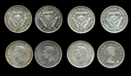 Южная Африка 1939-1956 гг. • KM# 26/47 • 3 пенса • Георг VI - Елизавета II • серебро • 4 монеты • регулярный выпуск • VF-AU