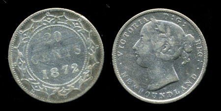 Ньюфаундленд 1872 г. H • KM# 4 • 20 центов • королева Виктория • серебро • регулярный выпуск • F-VF