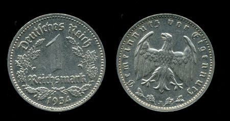 Германия 1934 г. J (Штутгарт) • KM# 78 • 1 рейхсмарка • орел • регулярный выпуск • AU ( кат. - $15 )