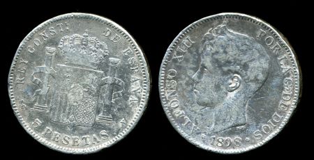 Испания 1898 г. SG-V • KM# 707 • 5 песет • король Альфонсо XIII • герб королевства • регулярный выпуск • VF