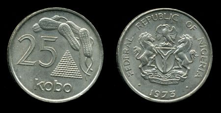 Нигерия 1973 г. • KM# 11 • 25 кобо • герб Нигерии • земляные орехи • регулярный выпуск • MS BU