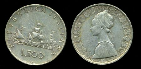 Италия 1960 г. • KM# 98 • 500 лир • Флотилия Колумба (серебро) • регулярный выпуск • XF