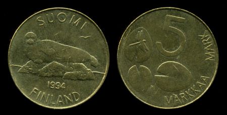 Финляндия 1994 г. • KM# 73 • 5 марок • тюлень • регулярный выпуск • MS BU
