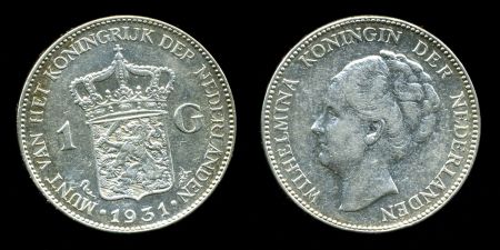 Нидерланды 1931 г. • KM# 161.1 • 1 гульден • королева Вильгельмина I • серебро • XF-AU